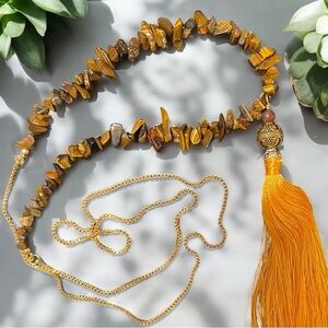 long tassel necklace 36” long- natural Tiger eye chips beads-premium bead